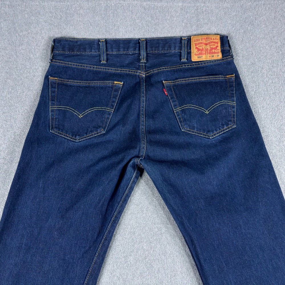 Levi's 501‎ Jeans Mens 38x32 Dark Wash Blue Straight Leg Button Fly Stretch